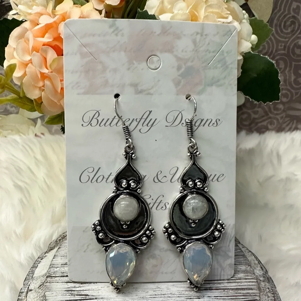0123 Opalite Rainbow Moonstone Artisan Drop Earrings Silver Gemstone Jewelry - Picture 7 of 13